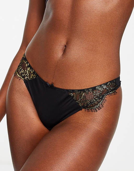 Figleaves Pulse eyelash foil lace thong in black and gold