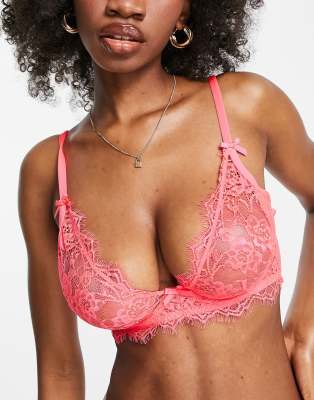 Satin bra eyelash lace plunge pink and turquoise blue padded sexy bralette