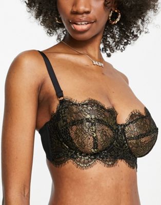 Figleaves Pulse fuller bust eyelash foil lace balcony bra in black and gold - ASOS Price Checker