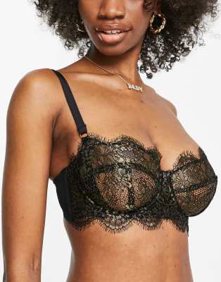 Figleaves - Pulse - Soutien-gorge balconnet poitrines généreuses en dentelle finement frangée à détails métallisés - Noir et doré