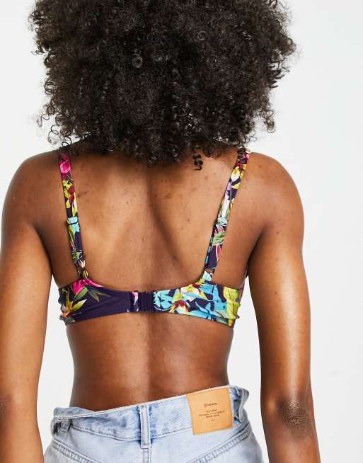 Figleaves rio underwired plunge bikini top in navy tropical , 2 of 4