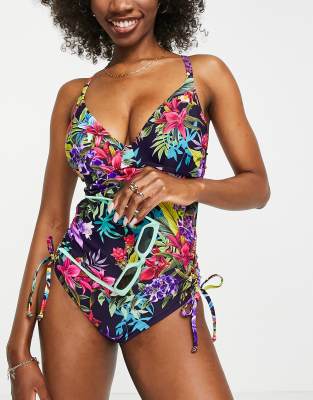 Figleaves rio underwired tummy control swimsuit in navy tropical-Multi