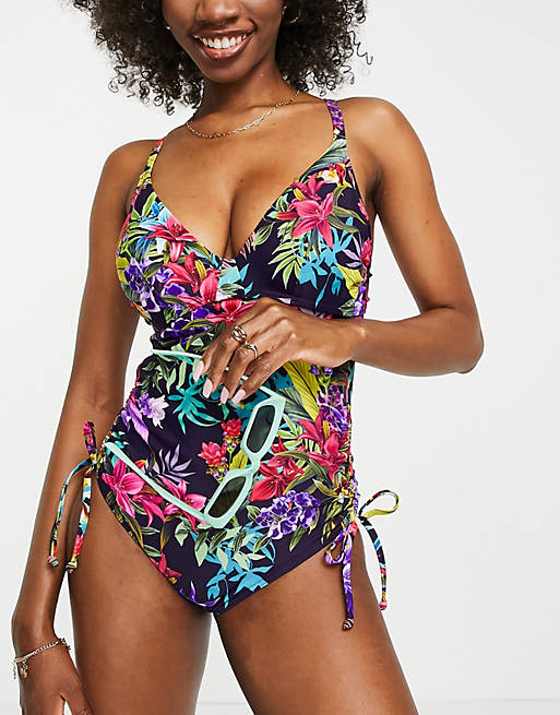 Figleaves rio underwired tummy control swimsuit in navy tropical