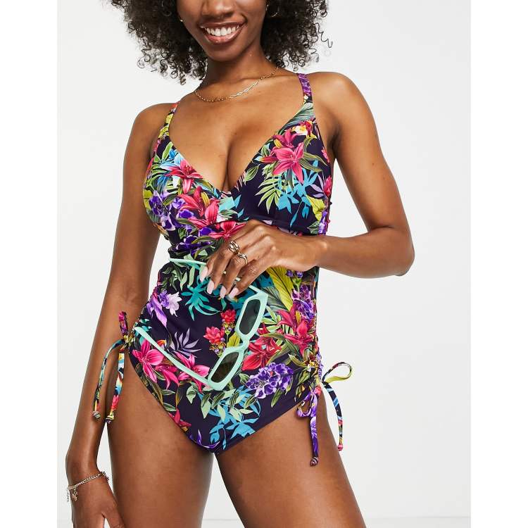 Figleaves rio underwired tummy control swimsuit in navy tropical
