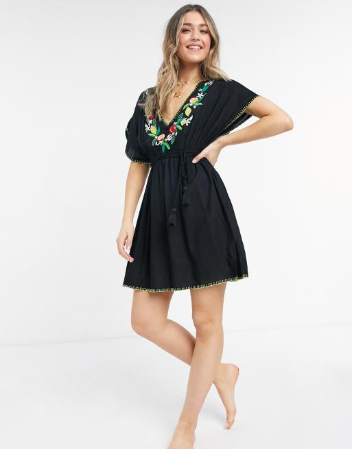 Figleaves seville embroidered beach kaftan dress in black