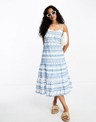 Figleaves siciliy embroidered tiered midi dress in white and blue