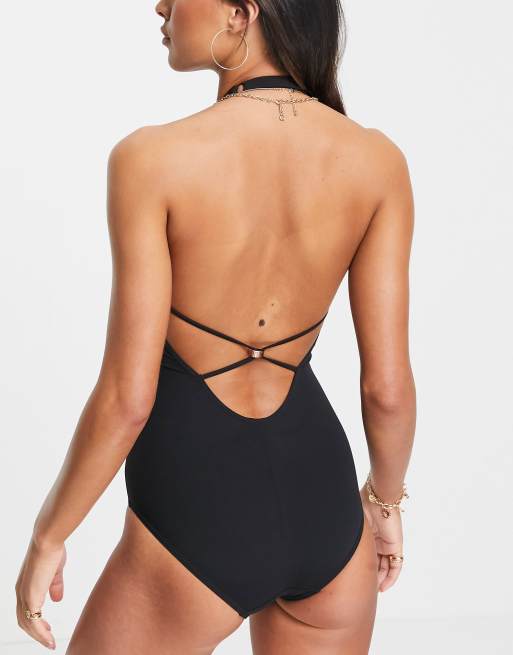 Figleaves strapping non wired shaping swimsuit in black