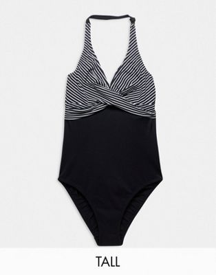 Figleaves Tall halter swimsuit with twist detail in black stripe