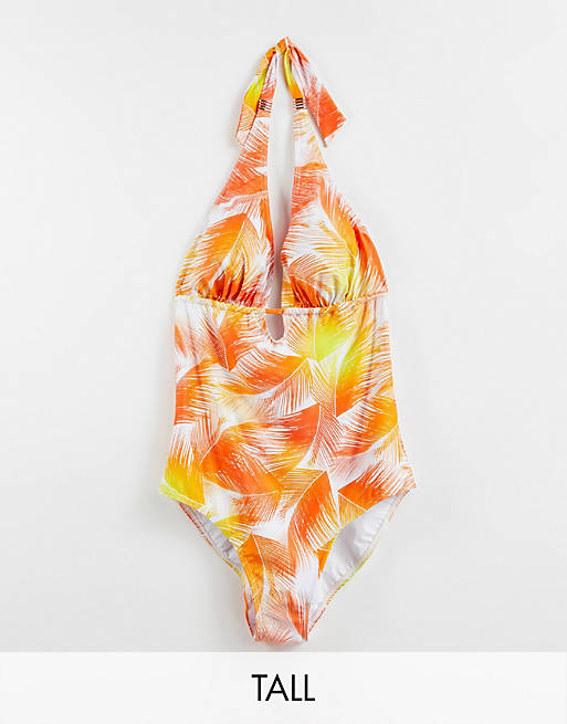 Figleaves Tall manila non wired tummy control swimsuit in coral palm