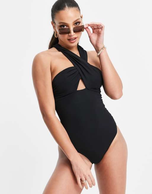 Black bardot store swimming costume