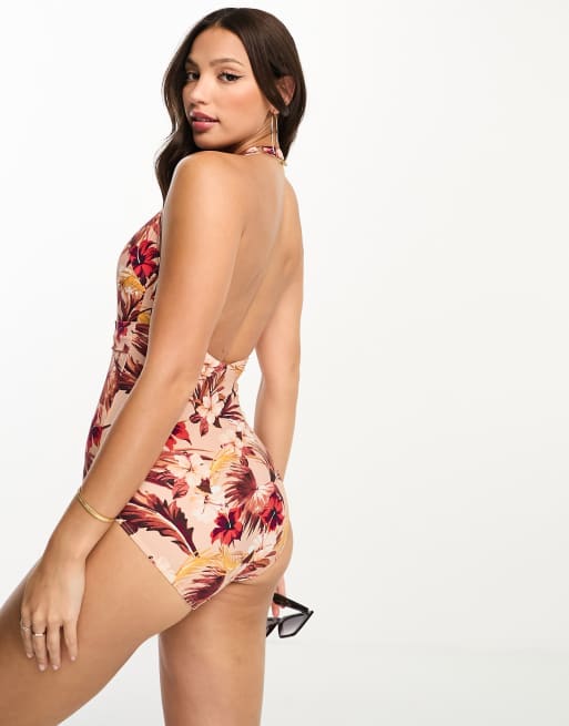 Figleaves Tall plunge halter swimsuit with belt detail in mink leaf print, 3 of 4