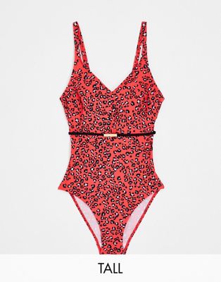 Tall swimsuit with belt detail in red leopard
