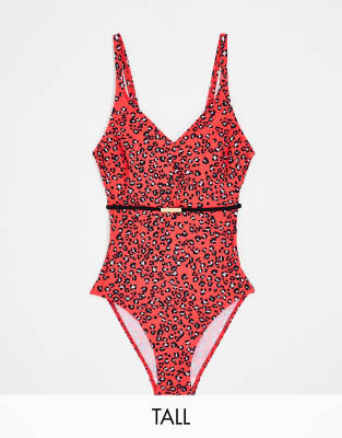 Tall swimsuit with belt detail in red leopard