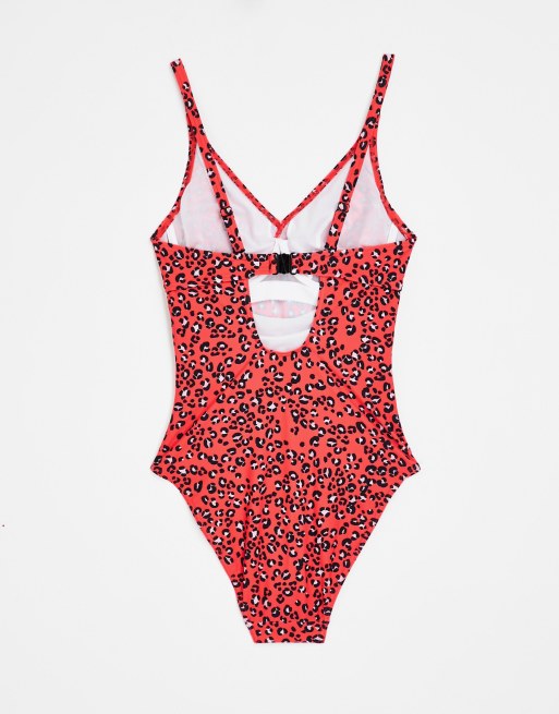 Figleaves Tall swimsuit with belt detail in red leopard