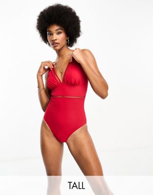 Figleaves Tall v neck swimsuit in red