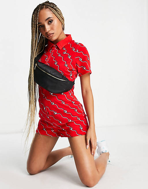 Fila all over logo zip front playsuit in red