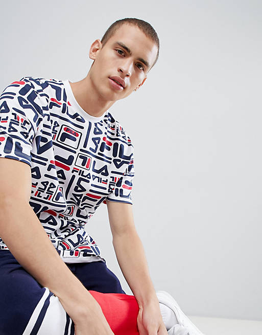 Fila Black Line Charlie T-Shirt With All Over Logo Print In White | ASOS