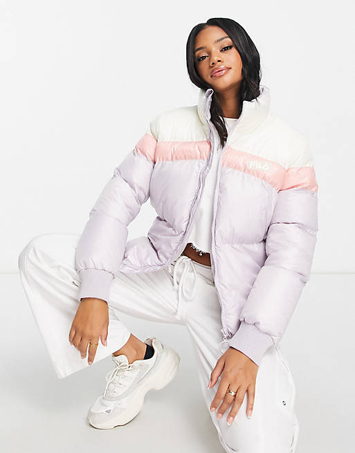 Fila color block puffer jacket in lilac and pink | ASOS