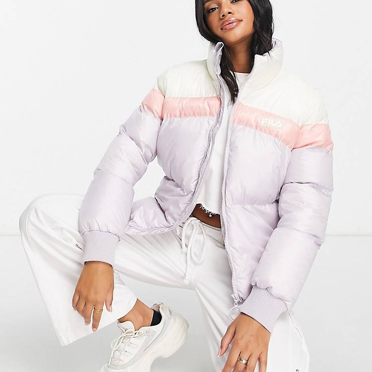 Forskellige Modtager maler Fila color block puffer jacket in lilac and pink | ASOS