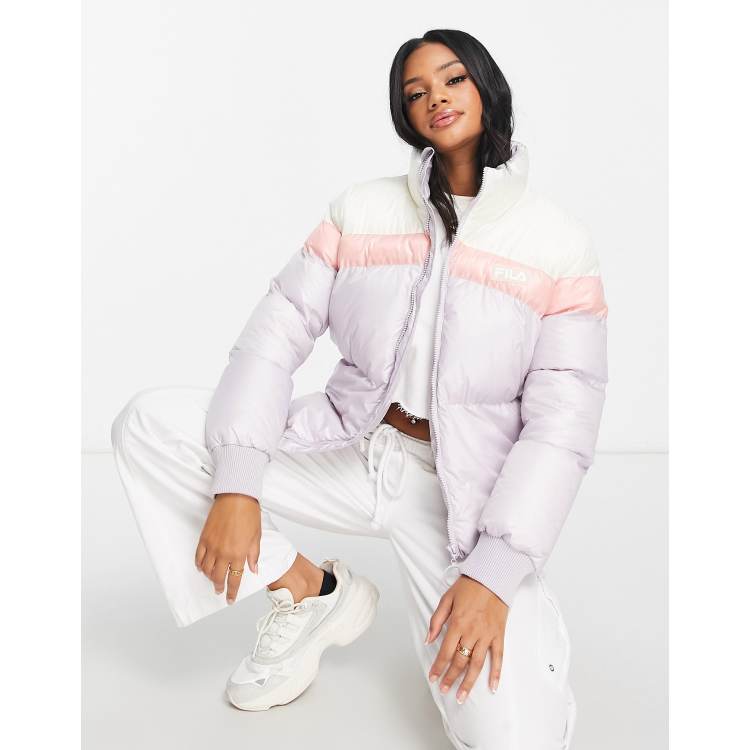 Tegne forsikring Spil Vælge Fila color block puffer jacket in lilac and pink | ASOS