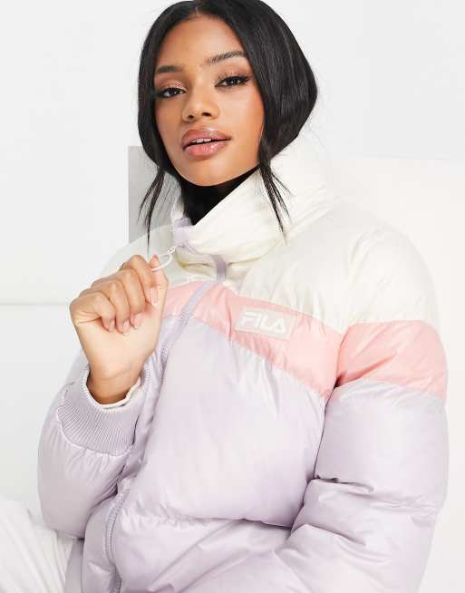 Fila color block puffer jacket in lilac and pink