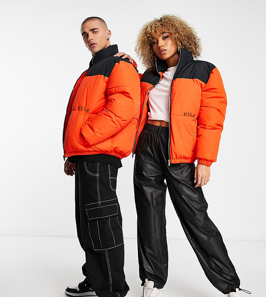 Fila color blocked puffer jacket with logo in orange-Red