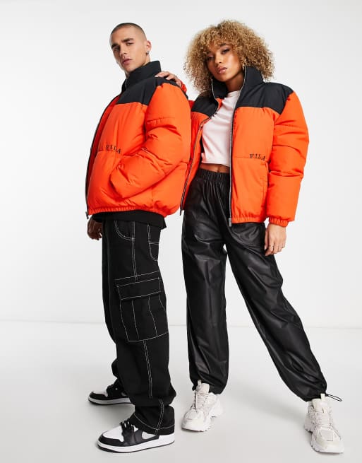 spleet Rode datum Geweldig Fila color blocked puffer jacket with logo in orange | ASOS