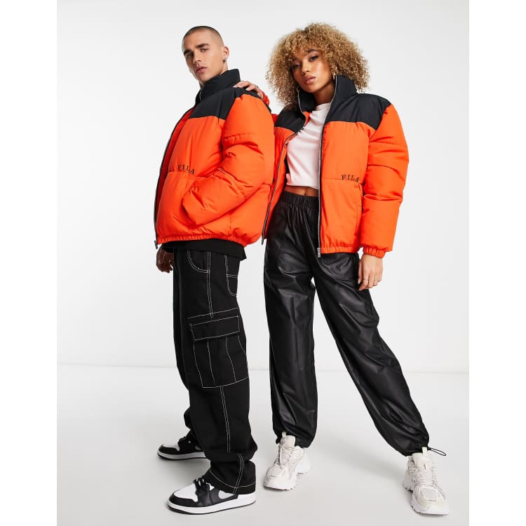 Fila colour blocked puffer jacket with logo in orange