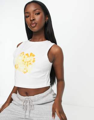 Fila crop top with 60s print in white and yellow