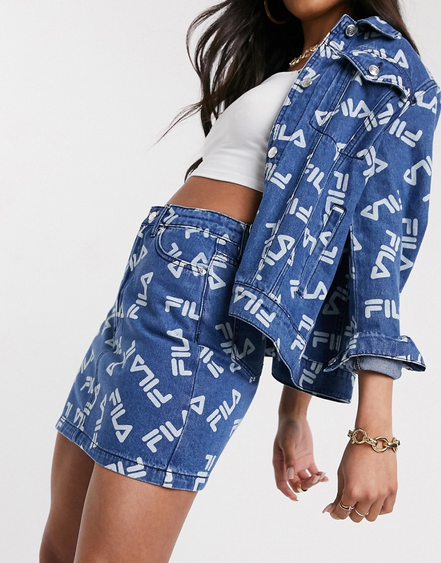 Fila denim jacket with diamante back logo in all over logo co-ord-Blue