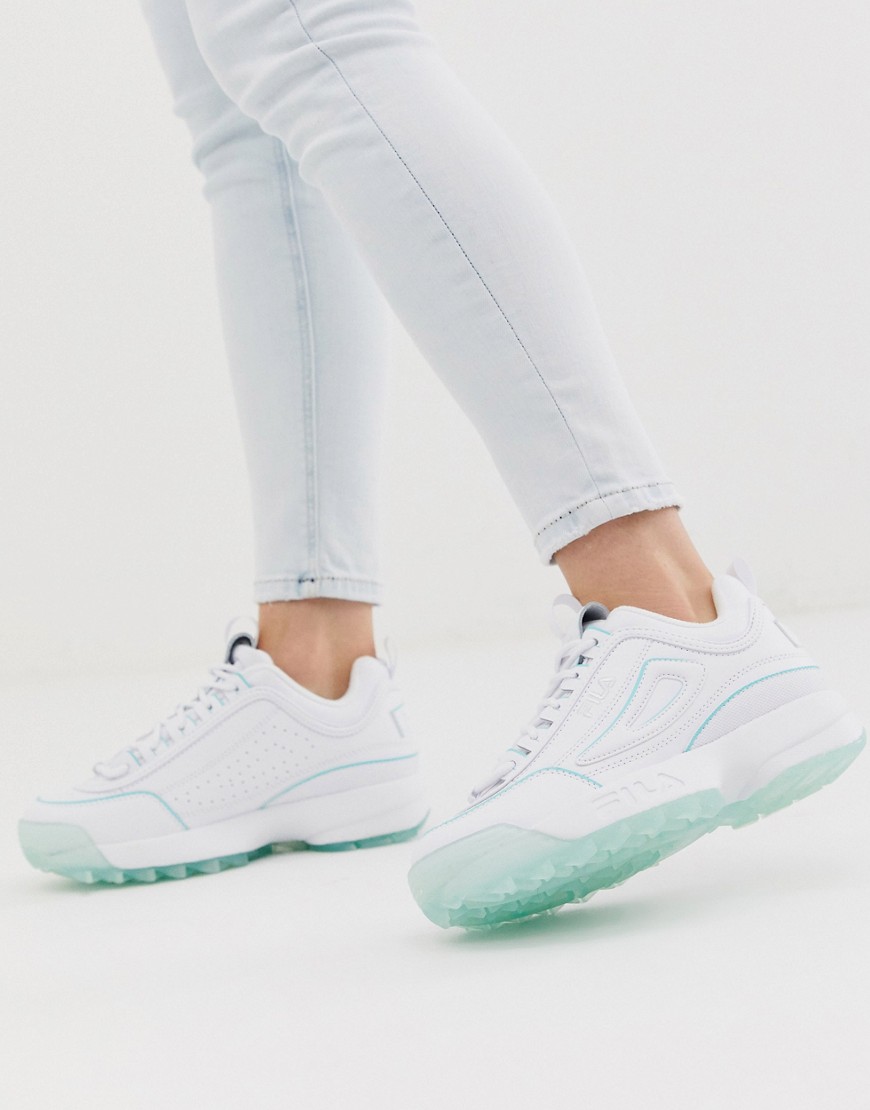 Fila Disruptor II Trainers in white with ice blue sole