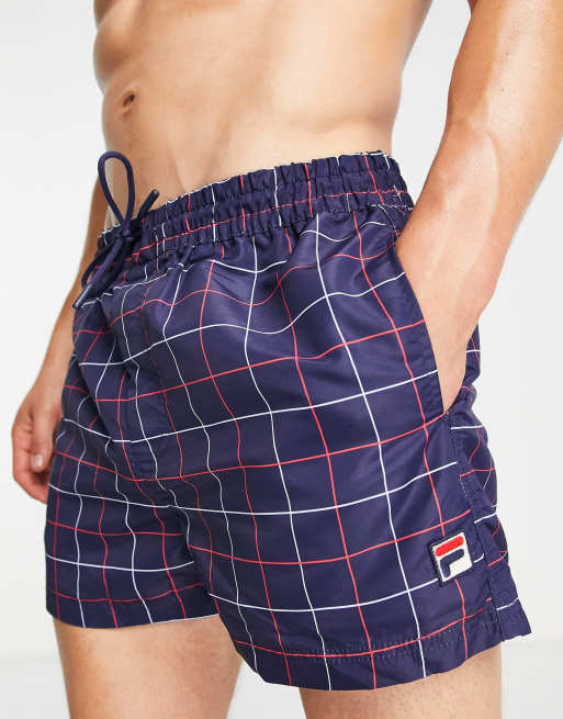 Fila - Geruite zwemshort met logo in marineblauw