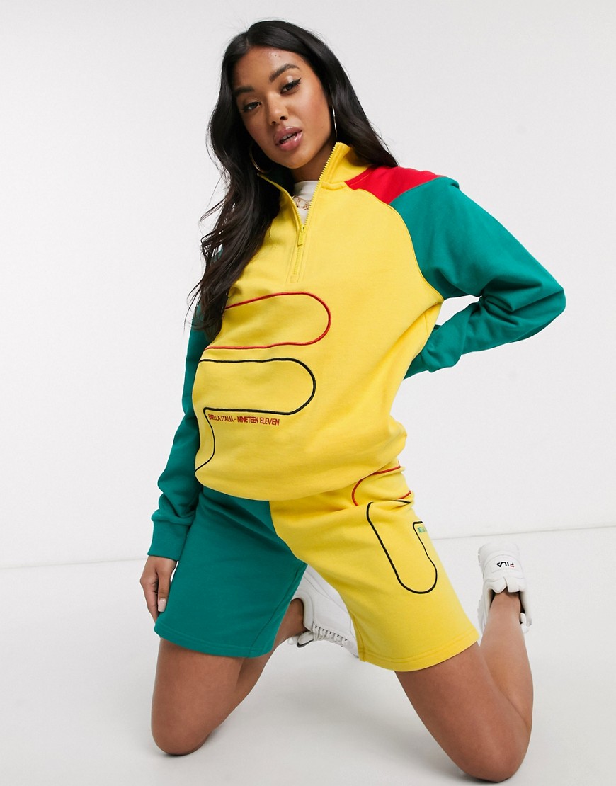Fila - Hoogsluitend sweatshirt met korte rits en traditionele kleurvlakken, combi-set-Geel