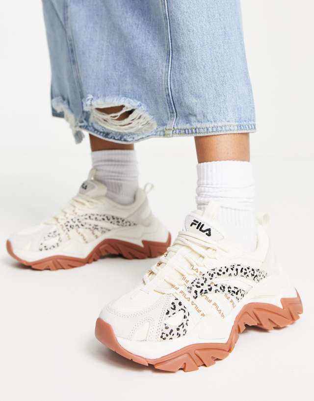 Fila Interation sneakers in cream and leopard print with gum sole