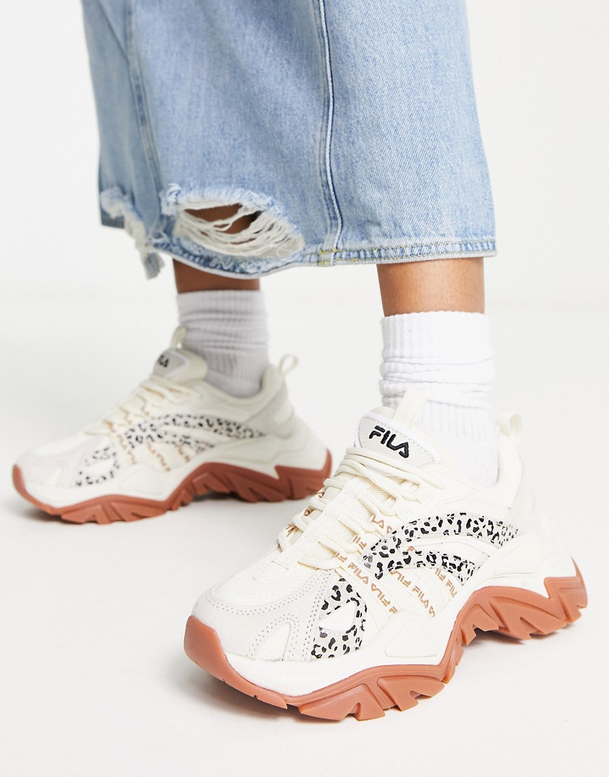 Fila Interation trainers in cream and leopard print with gum sole-Neutral