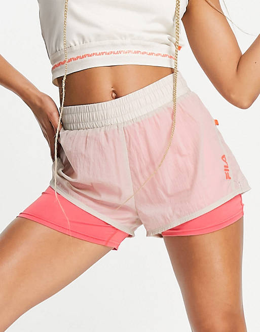 Fila logo panel sport shorts in oatmeal and pink