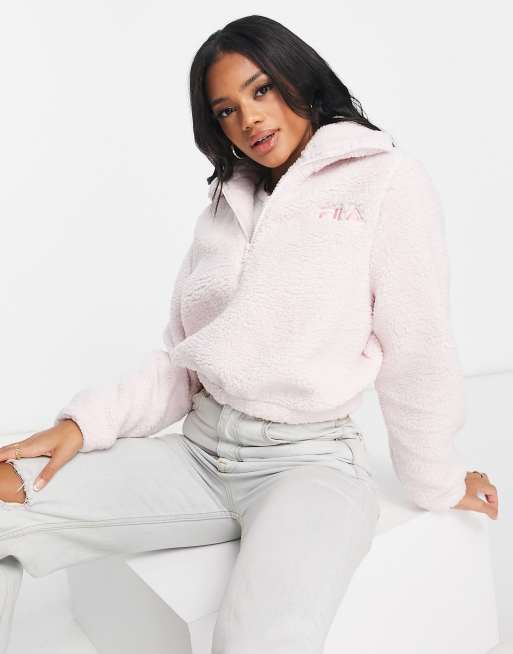 Fila - Lyserød fleece med kort lynlås og branding i imiteret lammeskind
