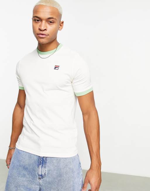 Fila Marconi t shirt with small box logo in cream with green tipping