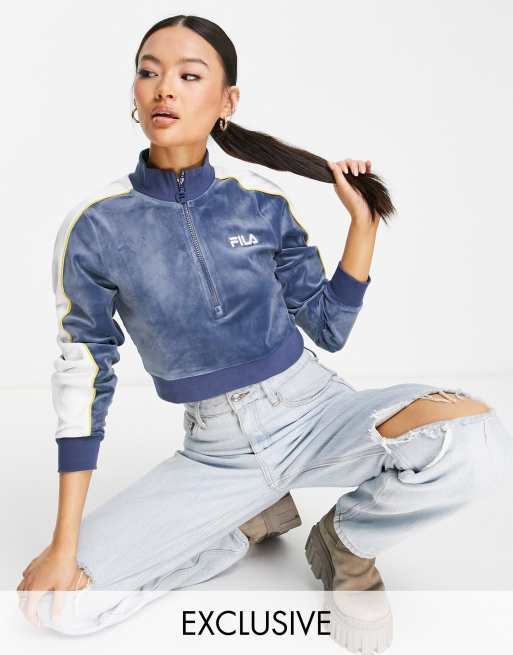 Fila – Niebieska welurowa bluza dresowa o krótkim fasonie z suwakiem pod szyją