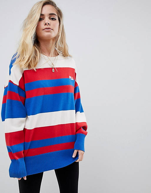 Origineel Vouwen uitglijden Fila oversized sweater with chest logo in stripe knit | ASOS
