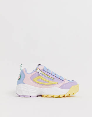 fila pink lilac and yellow disruptor 3 zip trainers