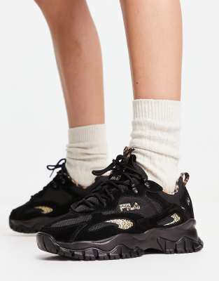 Fila Ray Tracer Sneakers In Black And Leopard Print