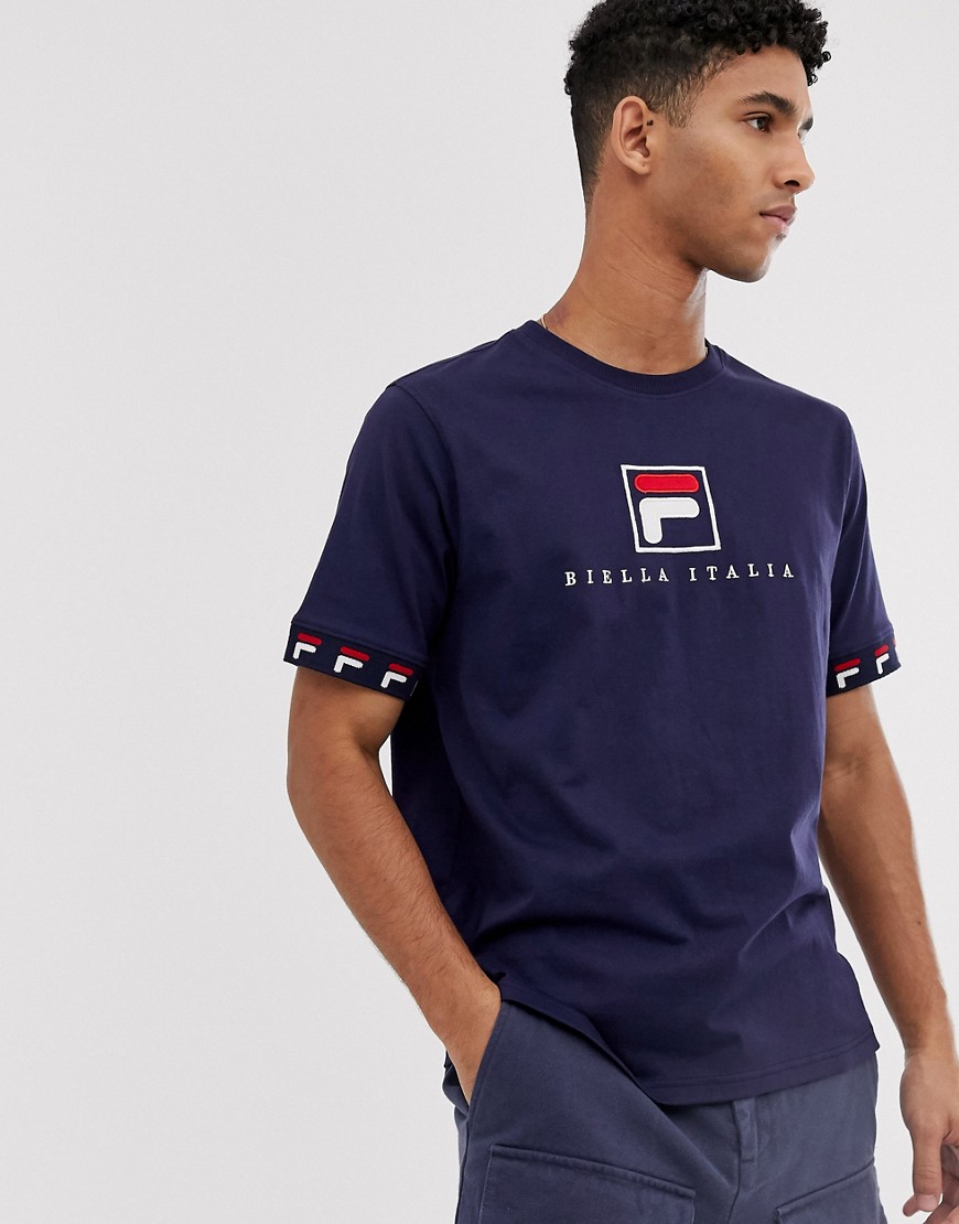 Fila - Rosso - T-shirt in jacquard blu navy con bordi a coste