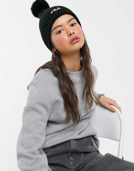 logo pom pom beanie hat in black |