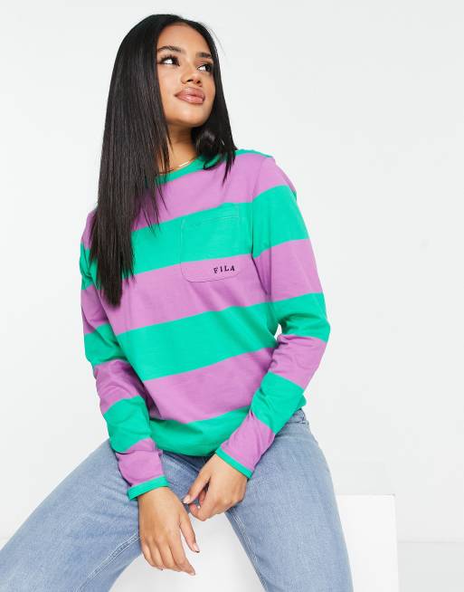 elkaar Somatische cel Notebook Fila striped long sleeve T-shirt in purple and green | ASOS