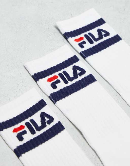 Fila unisex 3 pack crew socks in white and navy logo | ASOS