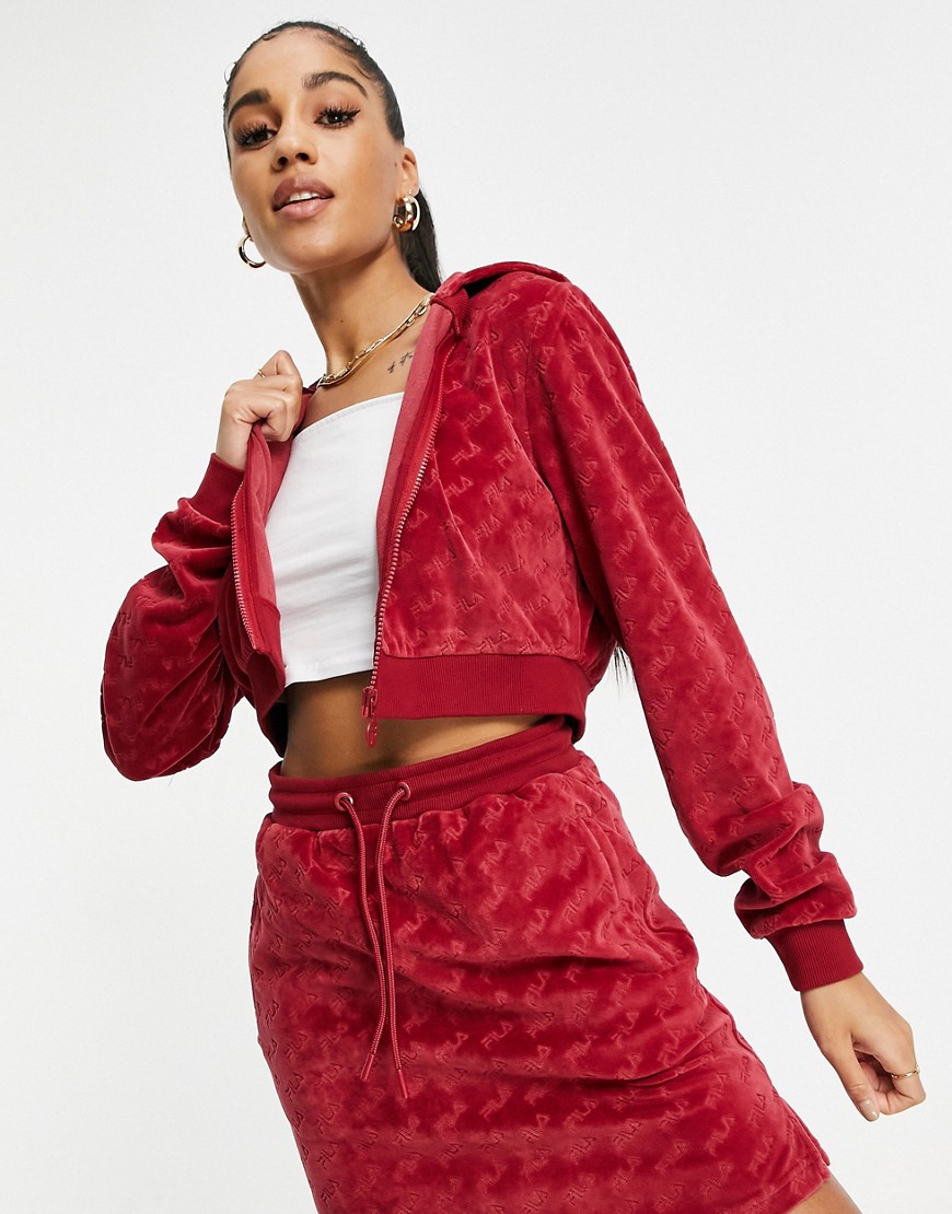 Fila velour all over print cropped zip up hoodie in red