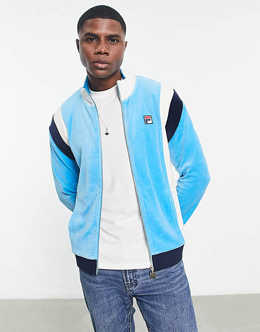 Fila velour zip up track top with logo in blue | ASOS