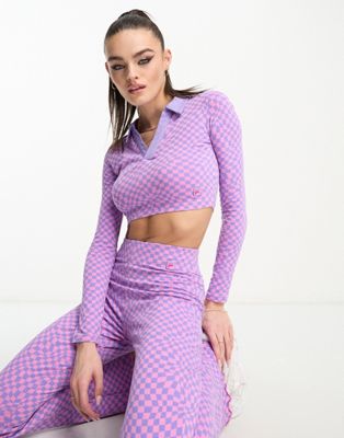 Fila warped check collared long sleeve top in pink and purple - ASOS Price Checker