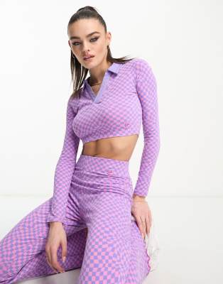 Fila Warped Check Collared Long Sleeve Top In Pink And Purple